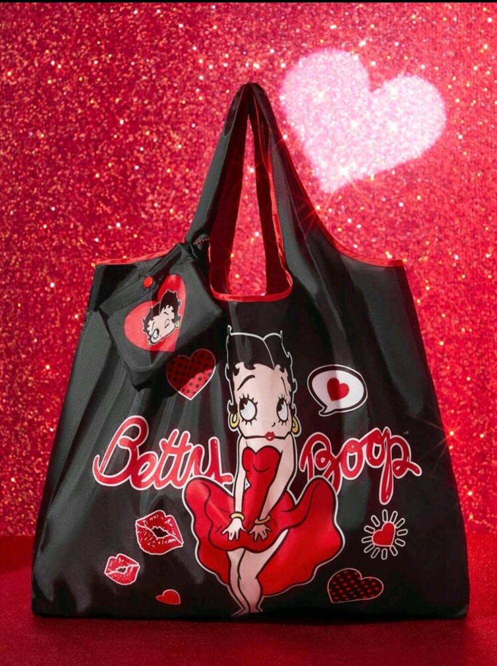 Betty Boop Black and Red Heart Graphic Foldable Tote